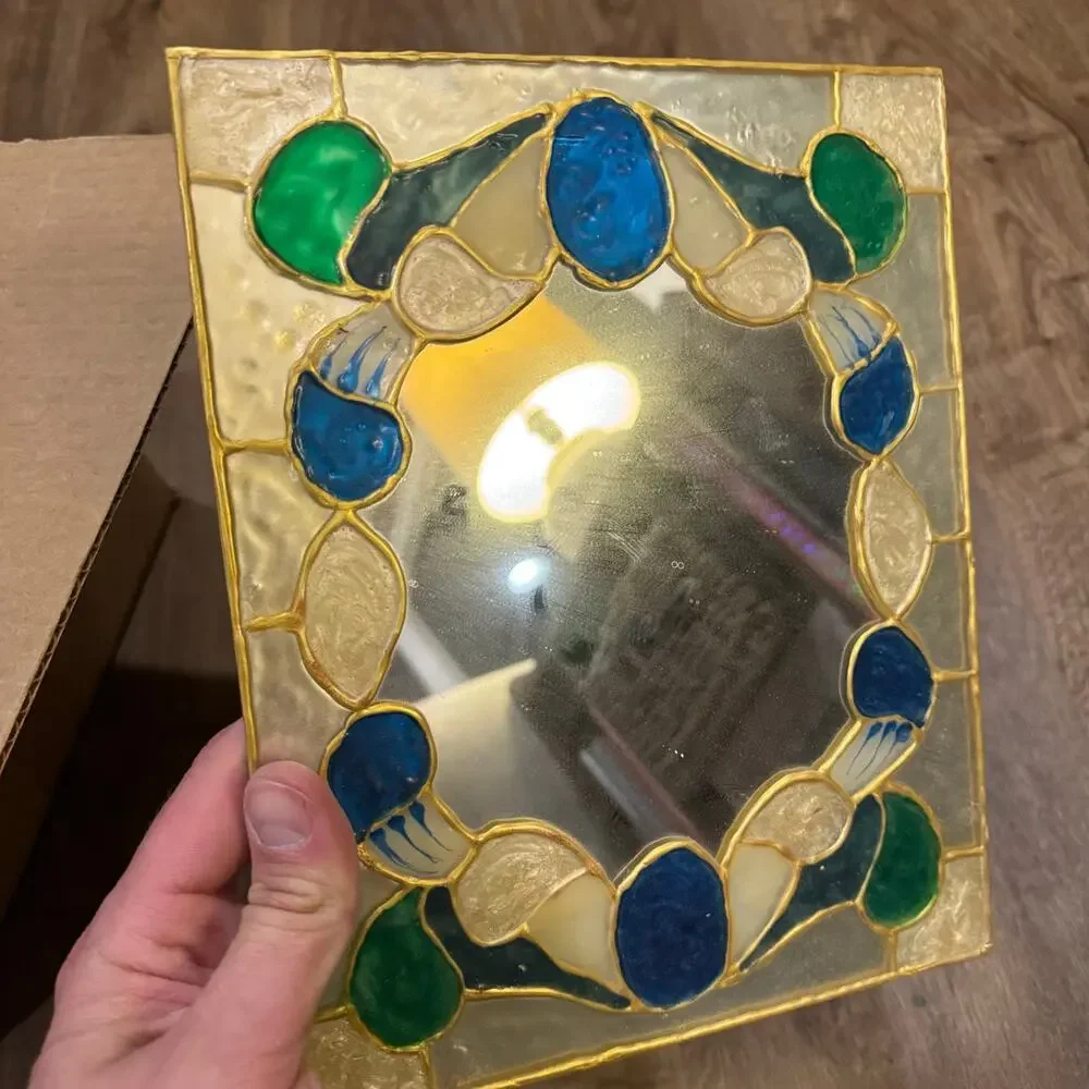 Vintage Painted Stained Glass Look Mirror 8x10 Unframed Blue Green Gold - READ